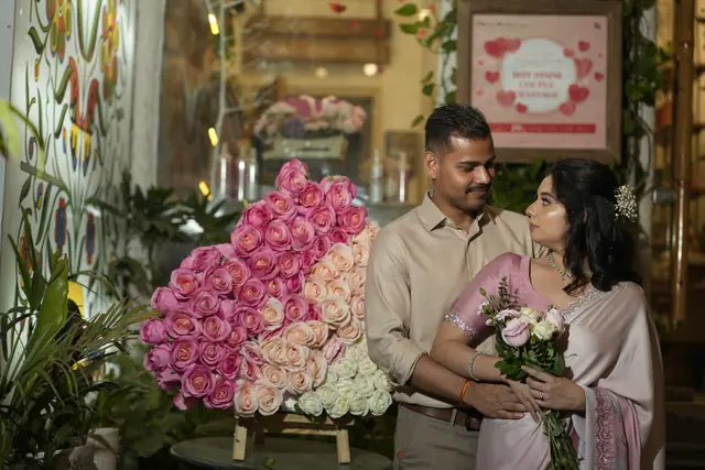 A couple beside a large arrangement of pink and cream roses inside a florist's shop, the bride holding a bouquet.